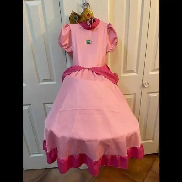 Princess Peach Costume With Crown Fits 6-8 Yo - From Nintendo Super Mario - Picture 1 of 4
